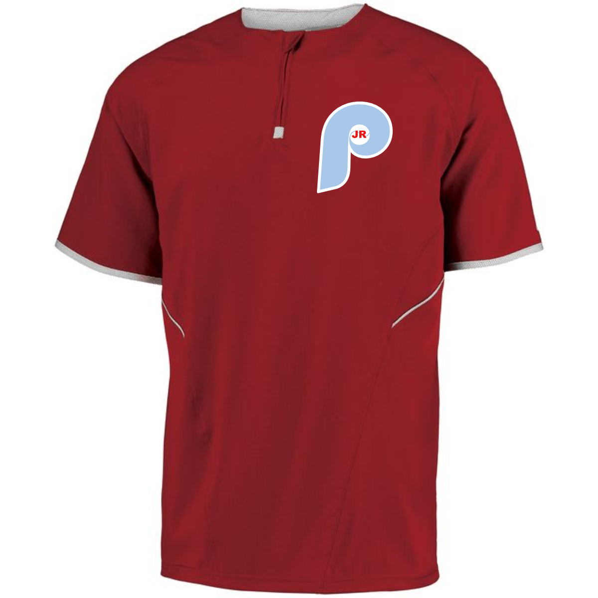 Russell Athletic 872RVM red short sleeve baseball batting jacket with quarter-zip collar, featuring a logo on the left chest and contrasting white accents. Ideal for athletic wear and team uniforms.