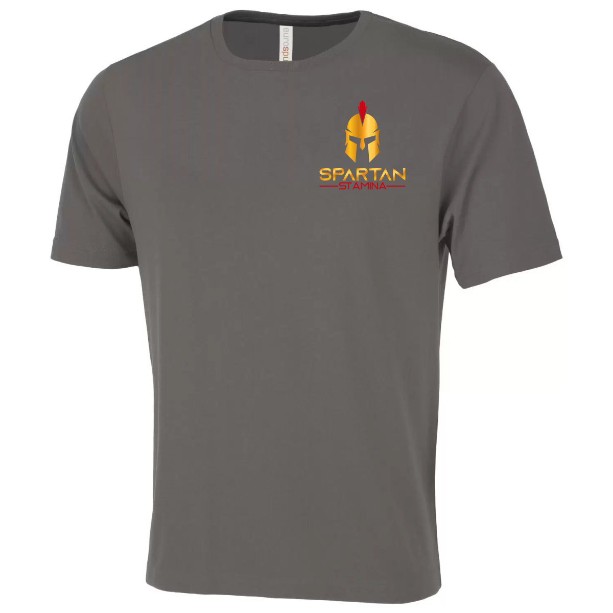 ATC 8000 Eurospun 100% ring spun cotton coal grey short-sleeve t-shirt featuring a colorful Spartan logo with the word "SPARTAN" and "STAMINA" printed below. Ideal for fitness enthusiasts and casual wear.