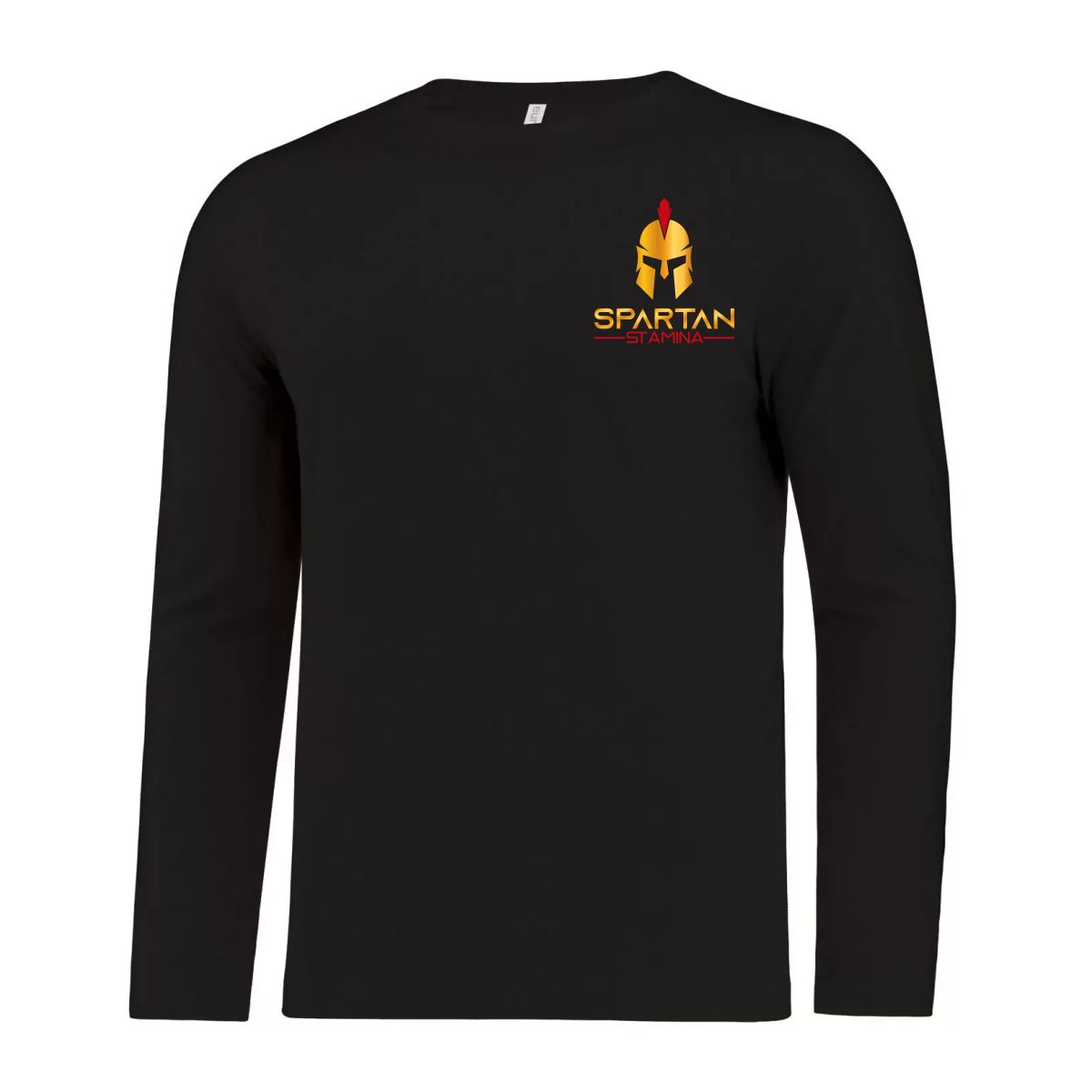 spartan_atc8015_form_angle_black ATC 8015 Eurospun 100% ring spun cotton black long-sleeve t-shirt featuring a Spartan helmet graphic and the "SPARTAN STAMINA" logo, ideal for casual wear or workouts.