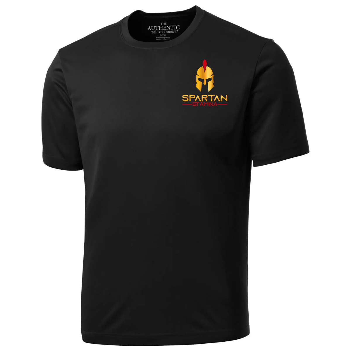ATC S350 Pro Team 100% polyester wicking knit black athletic t-shirt featuring a Spartan helmet logo and "SPARTAN STAMINA" text, designed for performance and comfort during workouts. Ideal for fitness enthusiasts and Spartan race participants.
