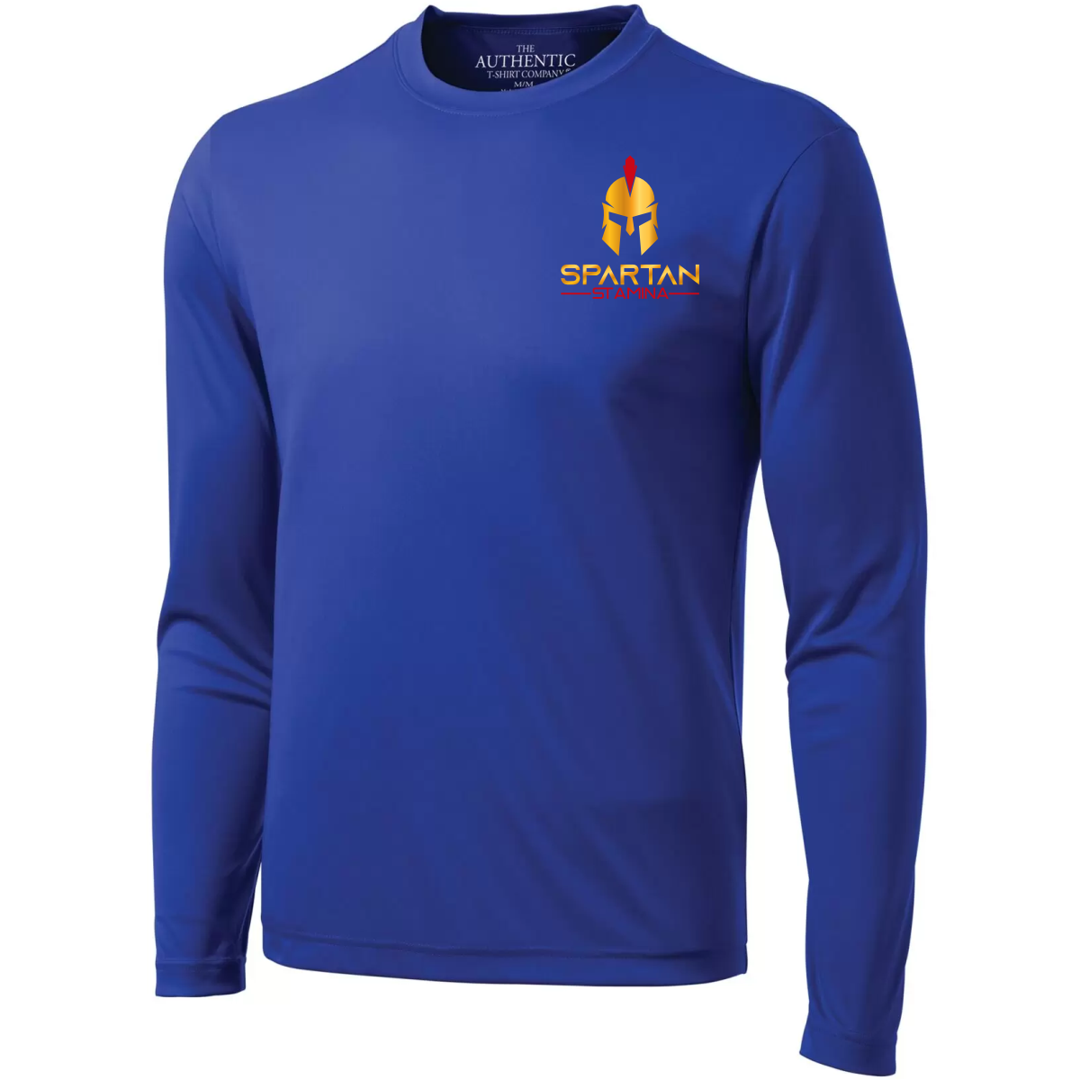 ATC S350LS Pro Team 100% polyester wicking knit long-sleeve royal blue athletic shirt featuring a Spartan logo and design, suitable for workouts and casual wear, made from moisture-wicking fabric for comfort during physical activities.
