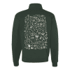 kss_ib_forest_quarter_zip_back Dark green zip-up sweatshirt featuring a unique white doodle design on the back, showcasing a variety of whimsical icons including animals, plants, and abstract shapes, ideal for casual wear or as a statement piece.