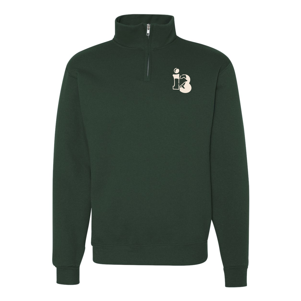 Dark green zip-up sweatshirt with a quarter-length front zipper and a stylish logo on the chest, perfect for casual or athletic wear.
