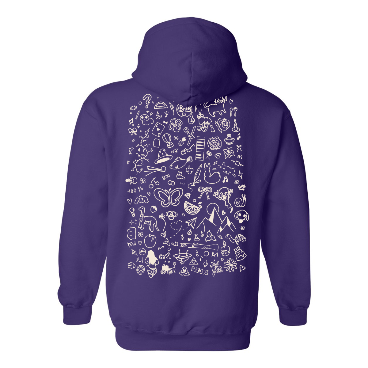 Purple hoodie featuring a whimsical design composed of various doodles and icons on the back, including butterflies, mountains, and playful symbols. Ideal for casual wear and unique fashion statements.