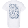 kss_ib_white_t-shirt_back White t-shirt featuring a playful blue graphic design on the back, showcasing an array of doodles, including animals, musical instruments, nature elements, and whimsical icons, ideal for casual wear and unique self-expression.