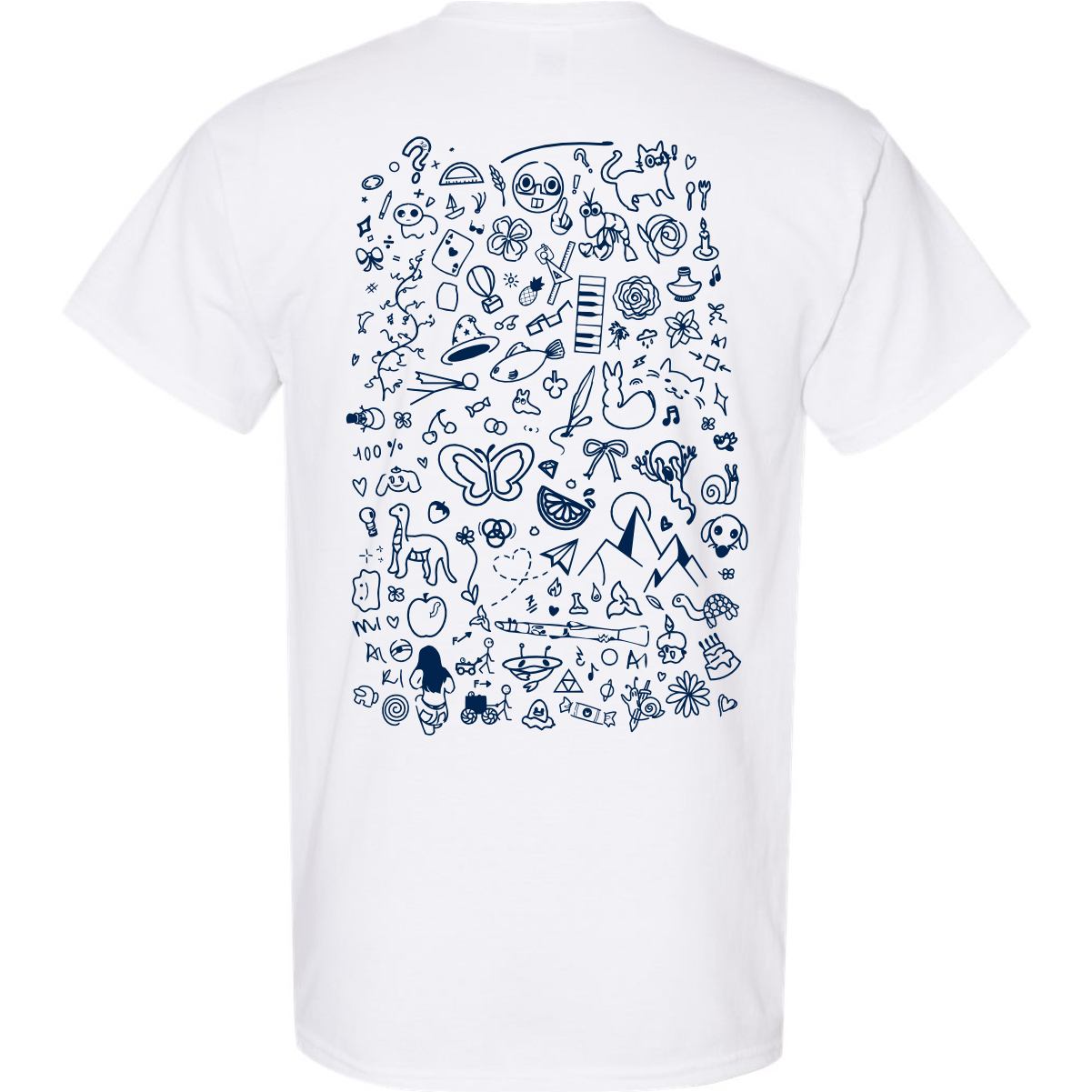 White t-shirt featuring a playful blue graphic design on the back, showcasing an array of doodles, including animals, musical instruments, nature elements, and whimsical icons, ideal for casual wear and unique self-expression.