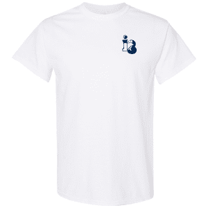 White t-shirt featuring a navy blue graphic logo on the left chest, suitable for casual wear and branding purposes. Ideal for promoting a brand or organization.