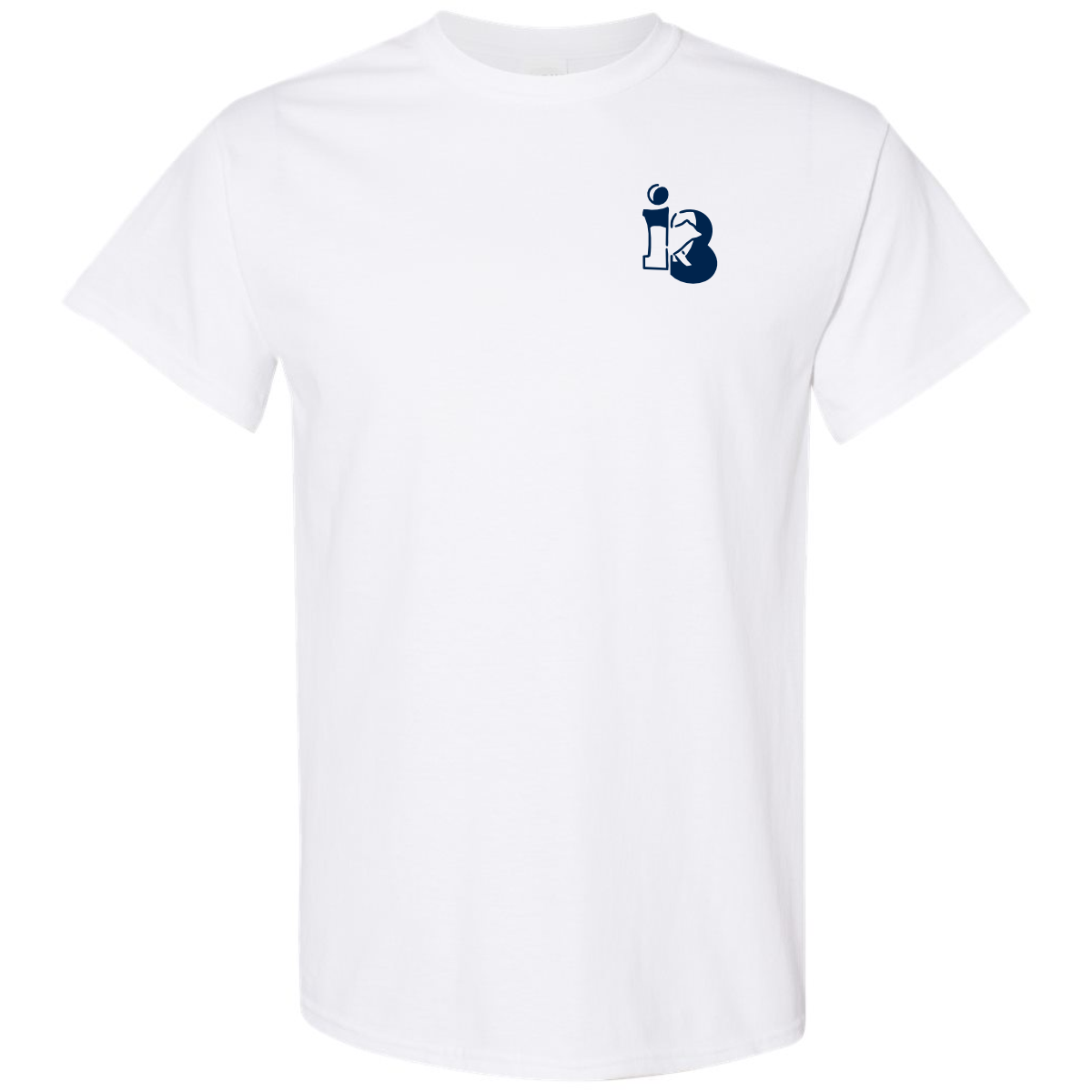 White t-shirt featuring a navy blue graphic logo on the left chest, suitable for casual wear and branding purposes. Ideal for promoting a brand or organization.