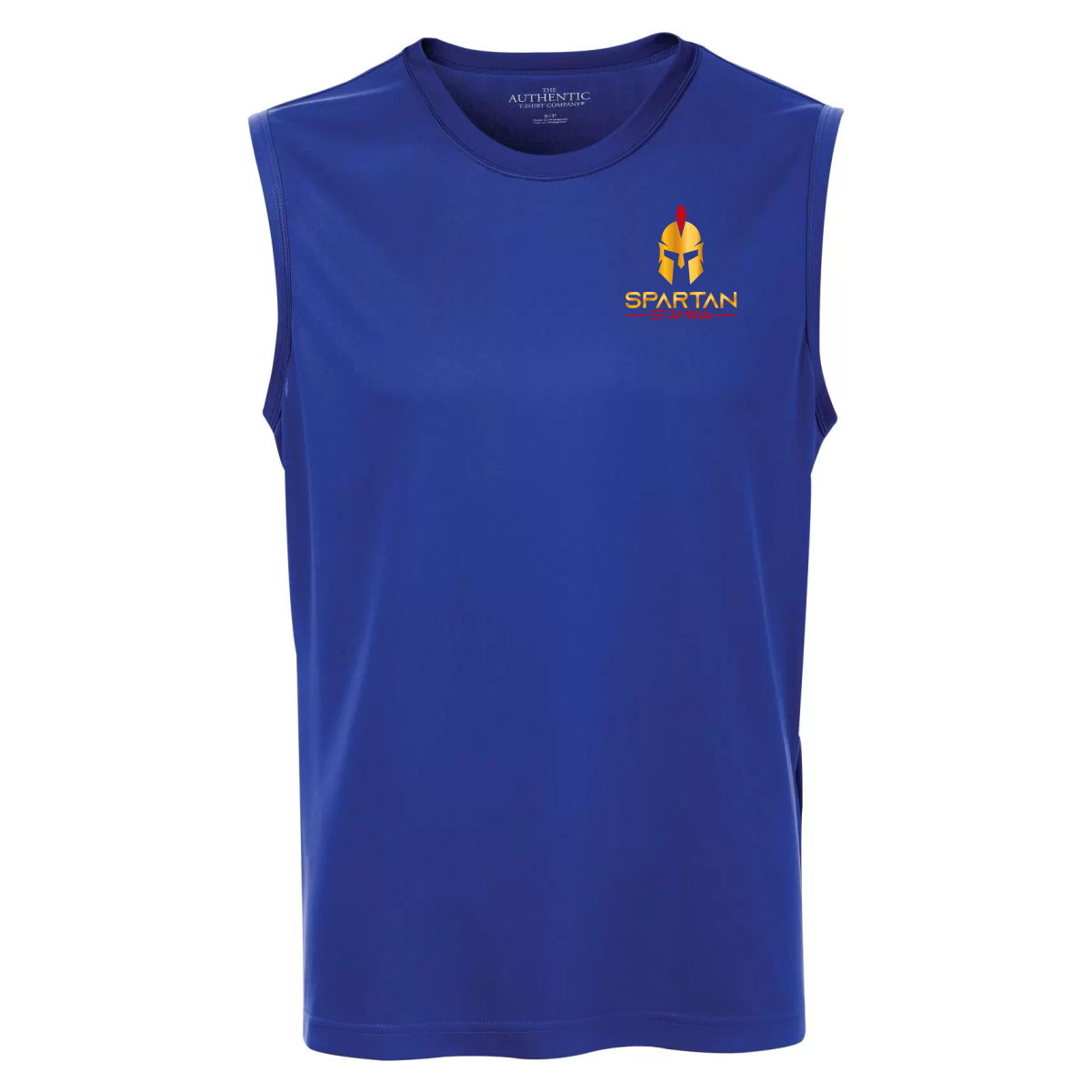 Blue sleeveless athletic shirt featuring the Spartan logo, made from moisture-wicking fabric for comfort during workouts and outdoor activities. Perfect for sporting events or casual wear.