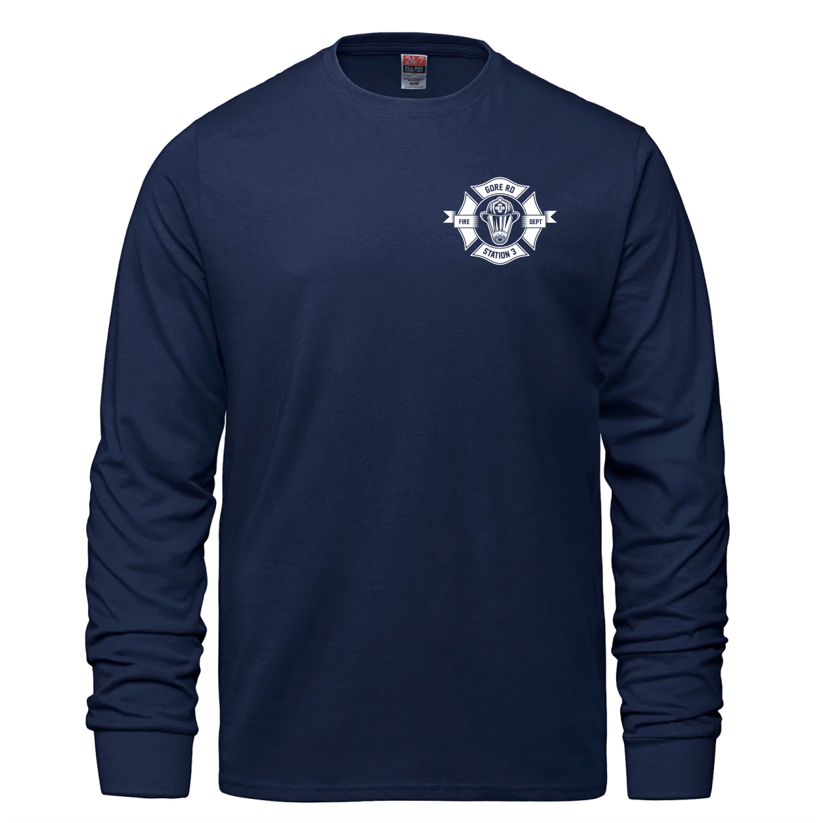 Navy long sleeve shirt featuring a firefighting department logo with "Station 3" text, ideal for casual wear and fire department supporters.