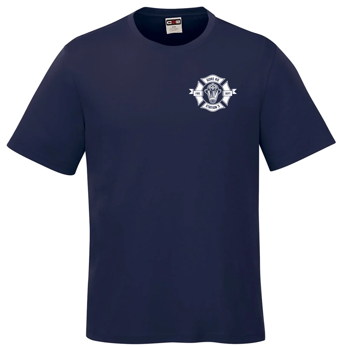 csw_coast_navy_performance_tshirt Navy blue short-sleeve t-shirt featuring a fire department emblem for Gore Rd Station 3, ideal for casual wear or showing support for local firefighters.