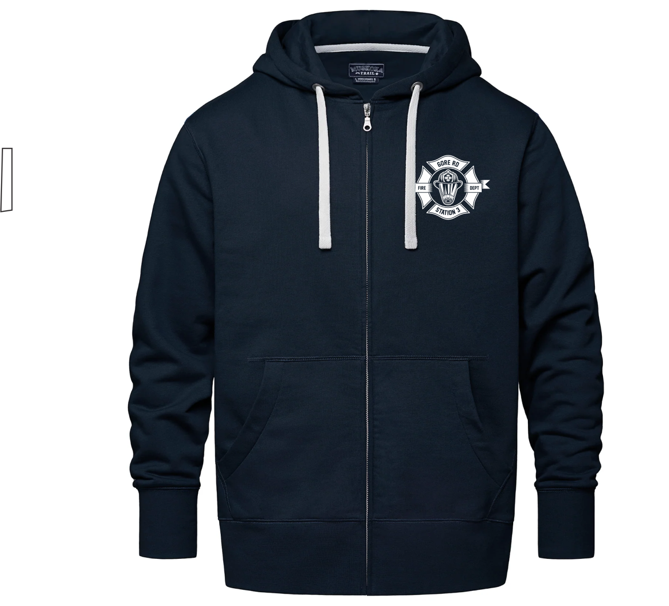 csw_lakeview_navy_full_zip_hooded_sweatshirt Navy blue zip-up hoodie featuring a front pocket and a graphic of a fire department emblem on the left chest. Ideal for casual wear and perfect for showing support for firefighters.