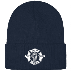 Navy blue beanie featuring the Gore Rd Fire Department Station 3 emblem, perfect for showing support for local firefighters while providing warmth and style in cooler weather.