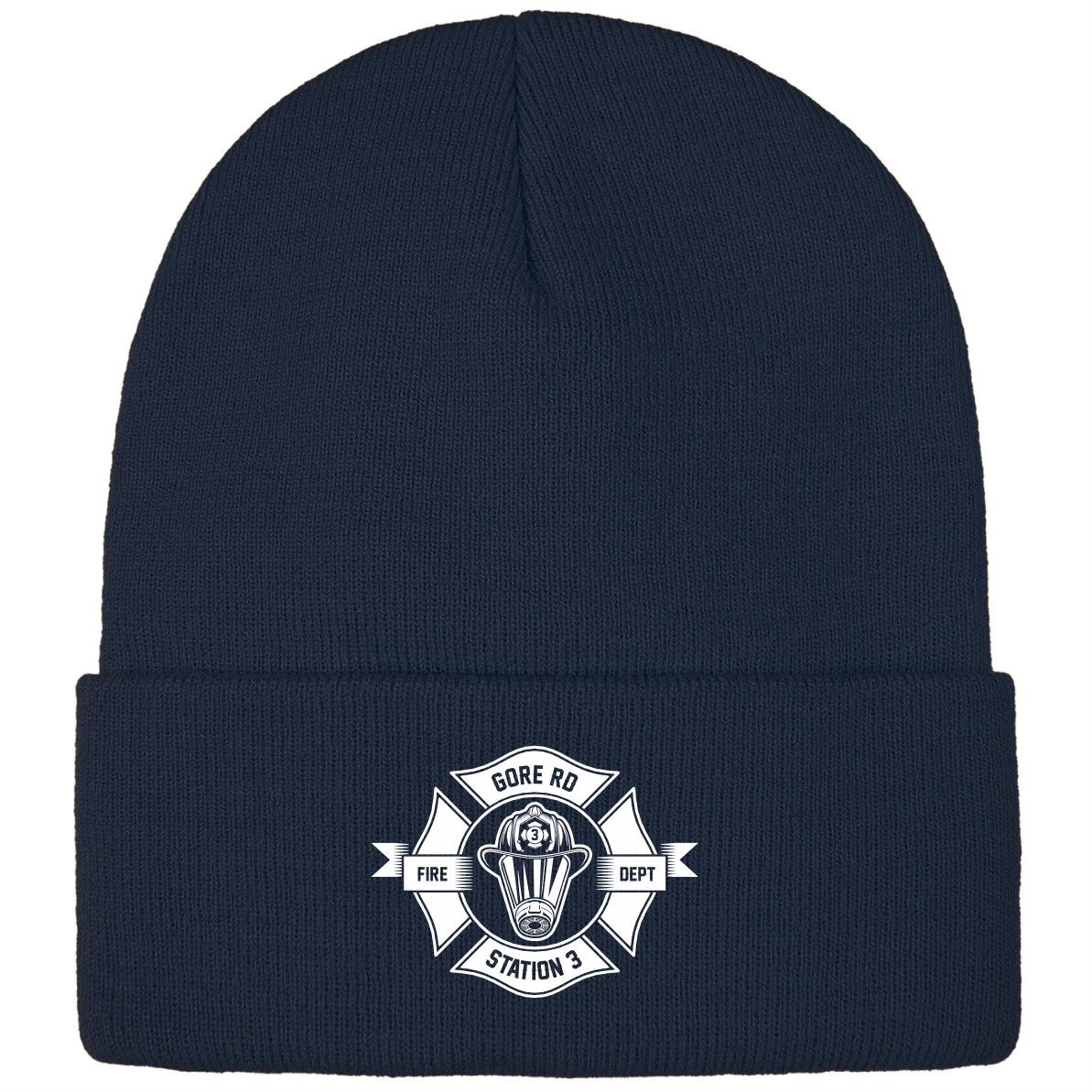 Navy blue beanie featuring the Gore Rd Fire Department Station 3 emblem, perfect for showing support for local firefighters while providing warmth and style in cooler weather.