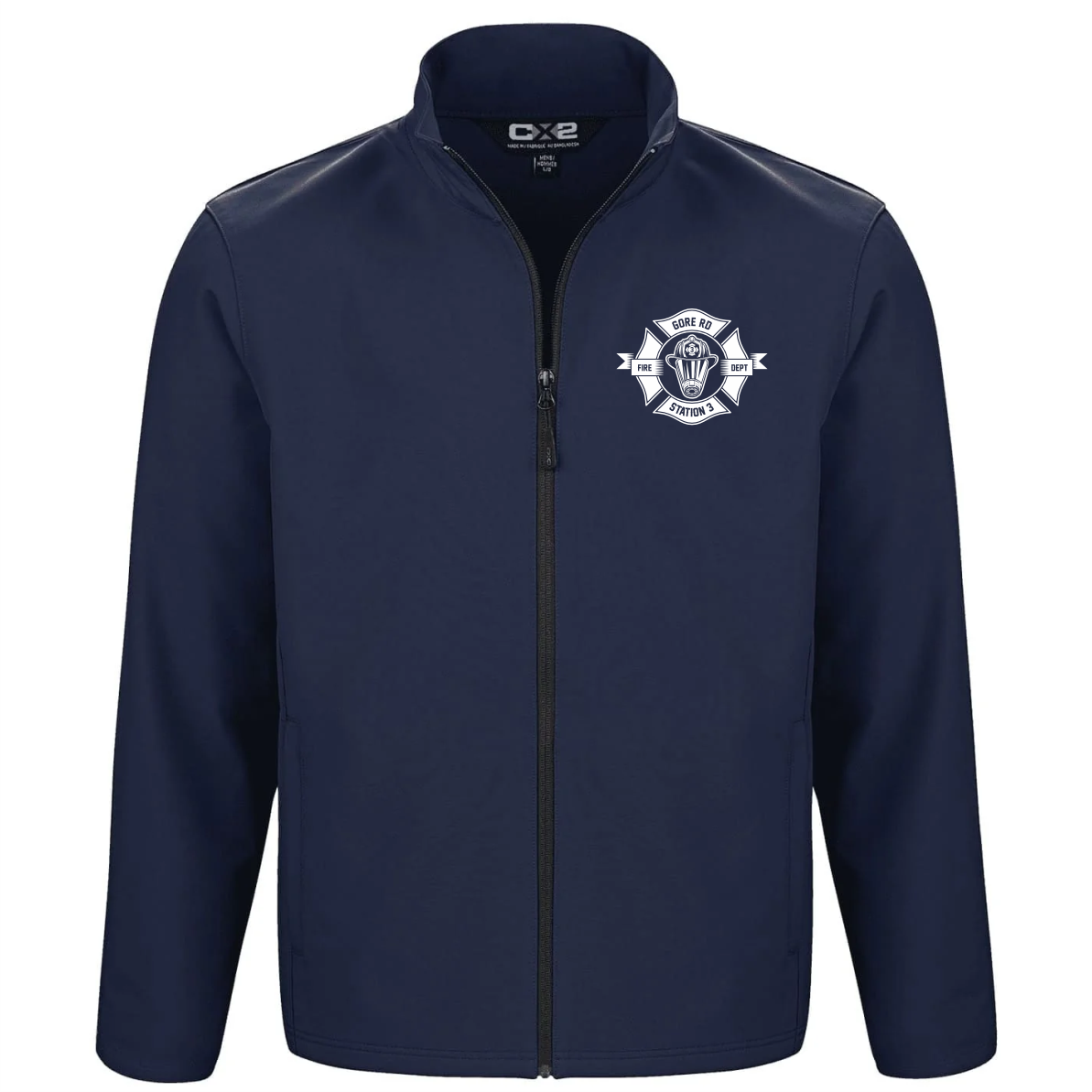 csw_navy_cadet_soft_shell_jacket Navy blue jacket featuring a front zipper and the logo of Gore Rd Fire Department Station 3, designed for casual wear and effective for promotional purposes.