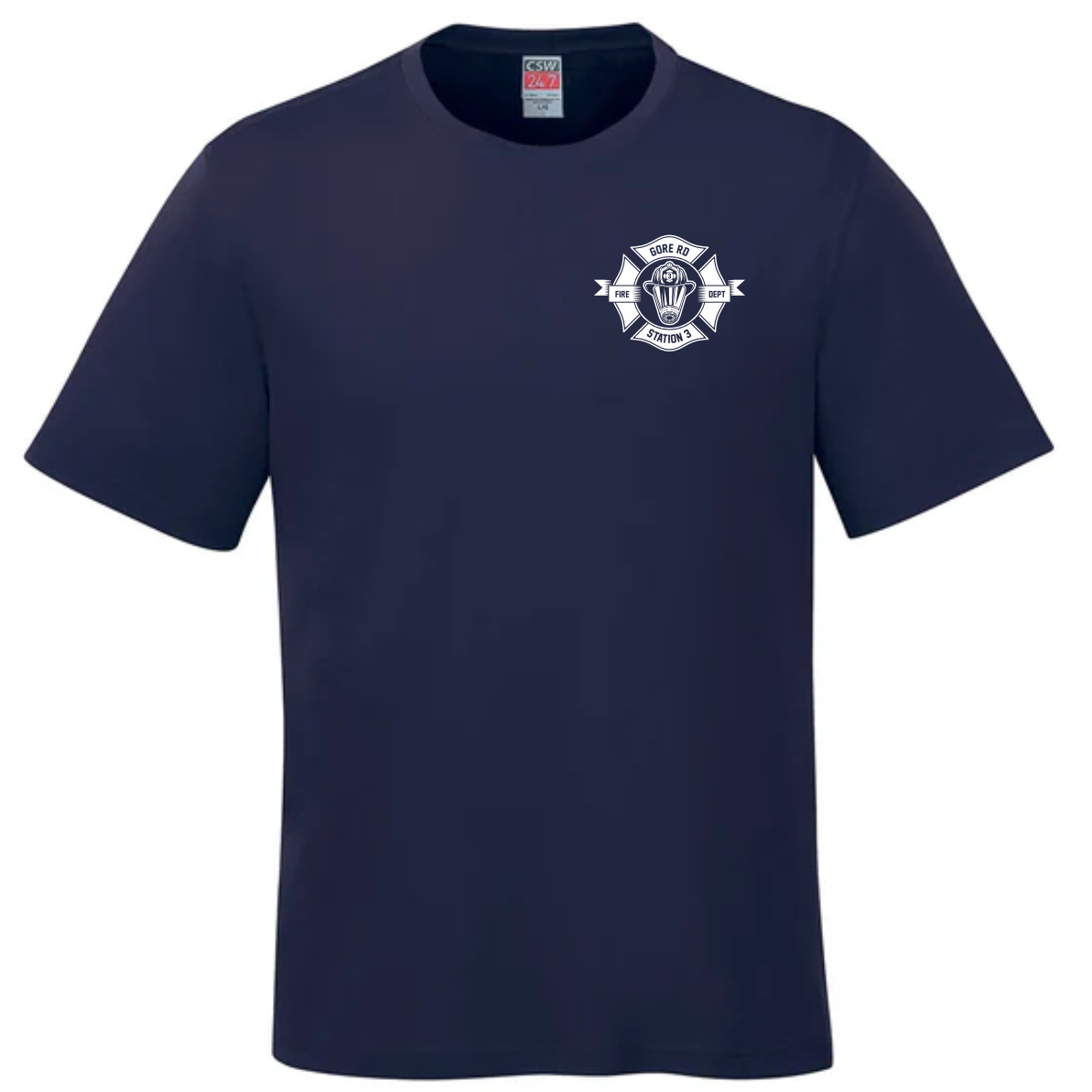 Navy blue short-sleeved t-shirt featuring a white fire department logo on the left chest area, designed for comfort and casual wear.