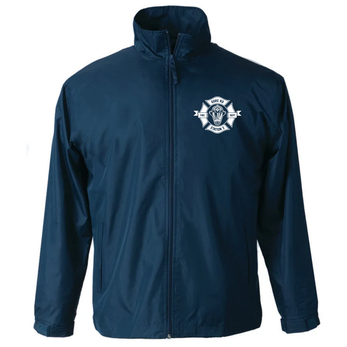 Navy blue windbreaker jacket featuring a fire department logo on the left chest, ideal for outdoor activities and team branding. Perfect for keeping warm and promoting community spirit.