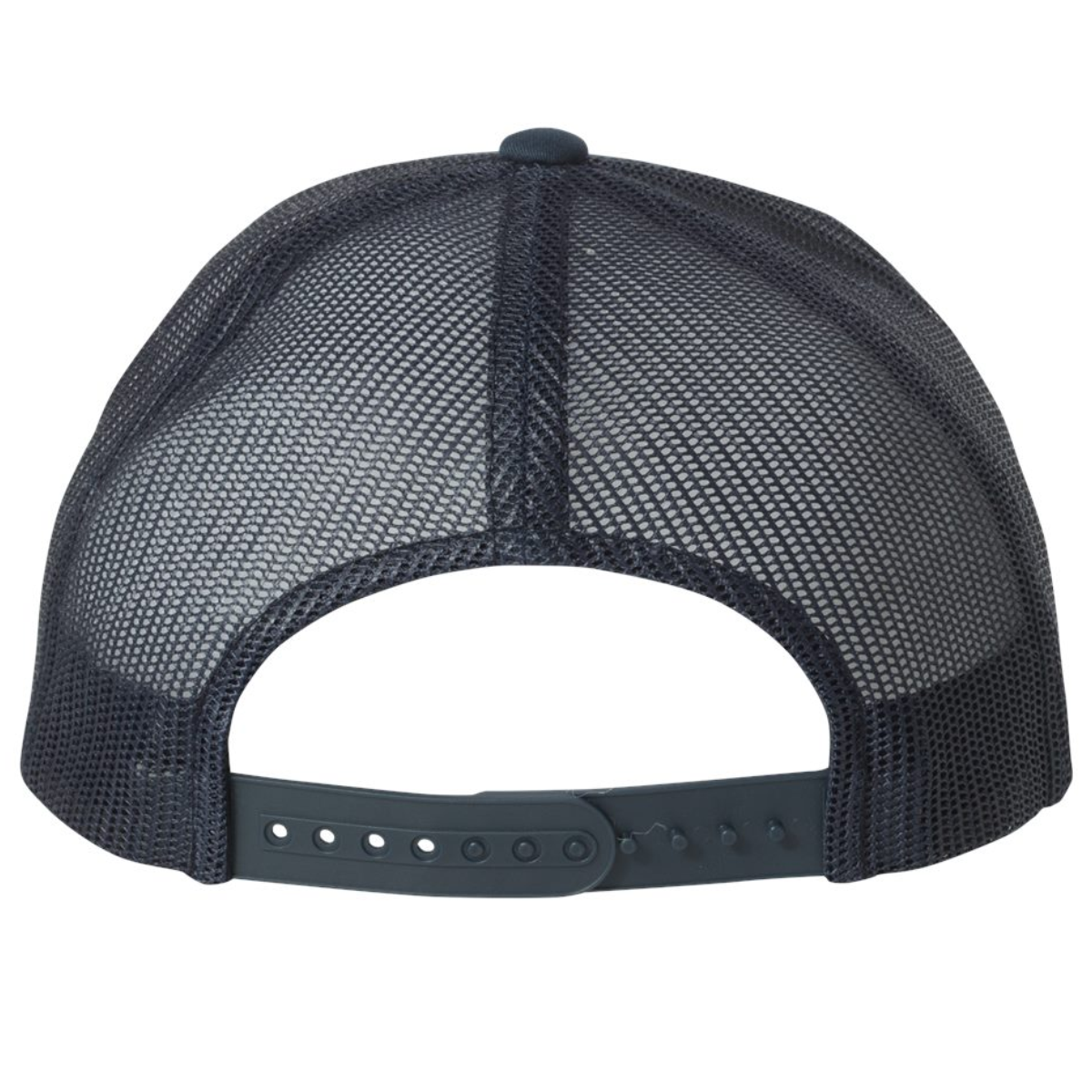 intermediate_canadians__trucker_cap_navy_back Black mesh trucker cap with adjustable snapback closure, featuring a ventilated design for breathability and comfort.