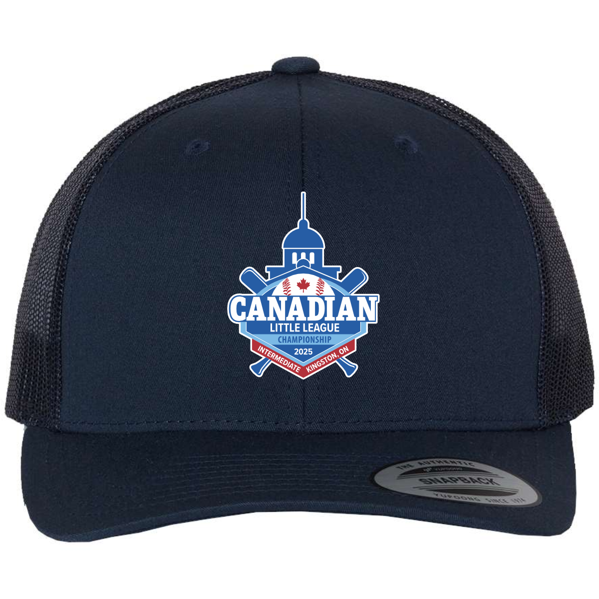 intermediate_canadians__trucker_cap_navy_front Navy blue snapback hat featuring the Canadian Little League Championship 2025 logo, designed for the Intermediate tournament in Kingston, Ontario.