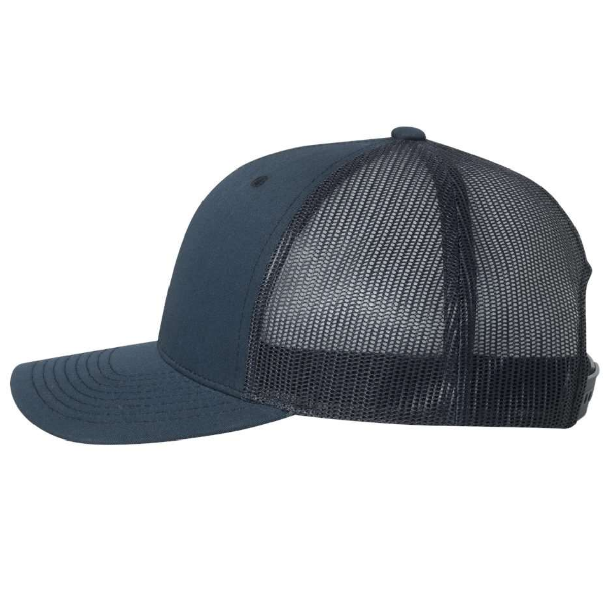 intermediate_canadians__trucker_cap_navy_side Navy blue trucker hat featuring a solid front panel and mesh back, ideal for casual wear and outdoor activities.