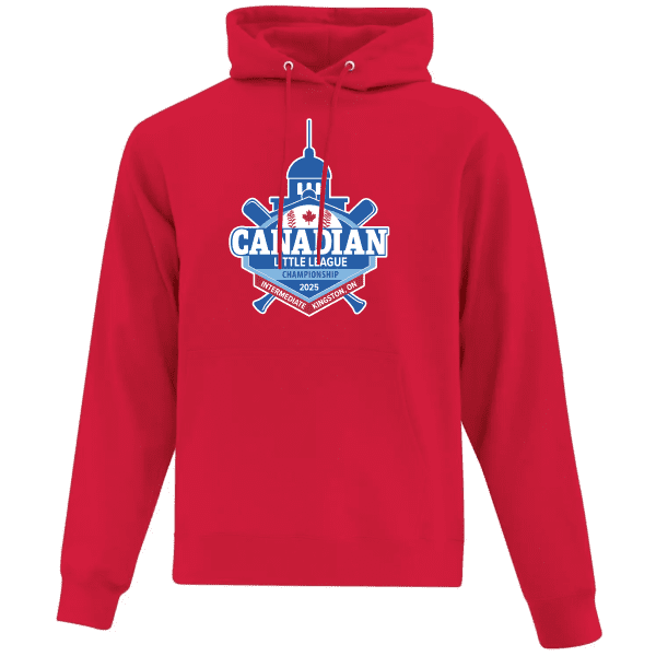 Red hoodie featuring the Canadian Little League Championship logo for 2025, designed for the Intermediate level in Kingston, Ontario, showcasing baseball-themed graphics.