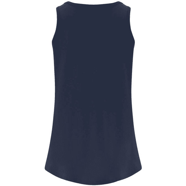 Back view of a navy blue sleeveless women's top, featuring a rounded hem and a comfortable fit, ideal for casual and active wear.