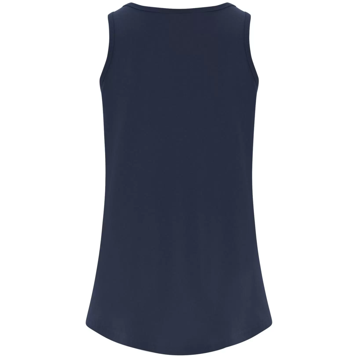 Back view of a navy blue sleeveless women's top, featuring a rounded hem and a comfortable fit, ideal for casual and active wear.