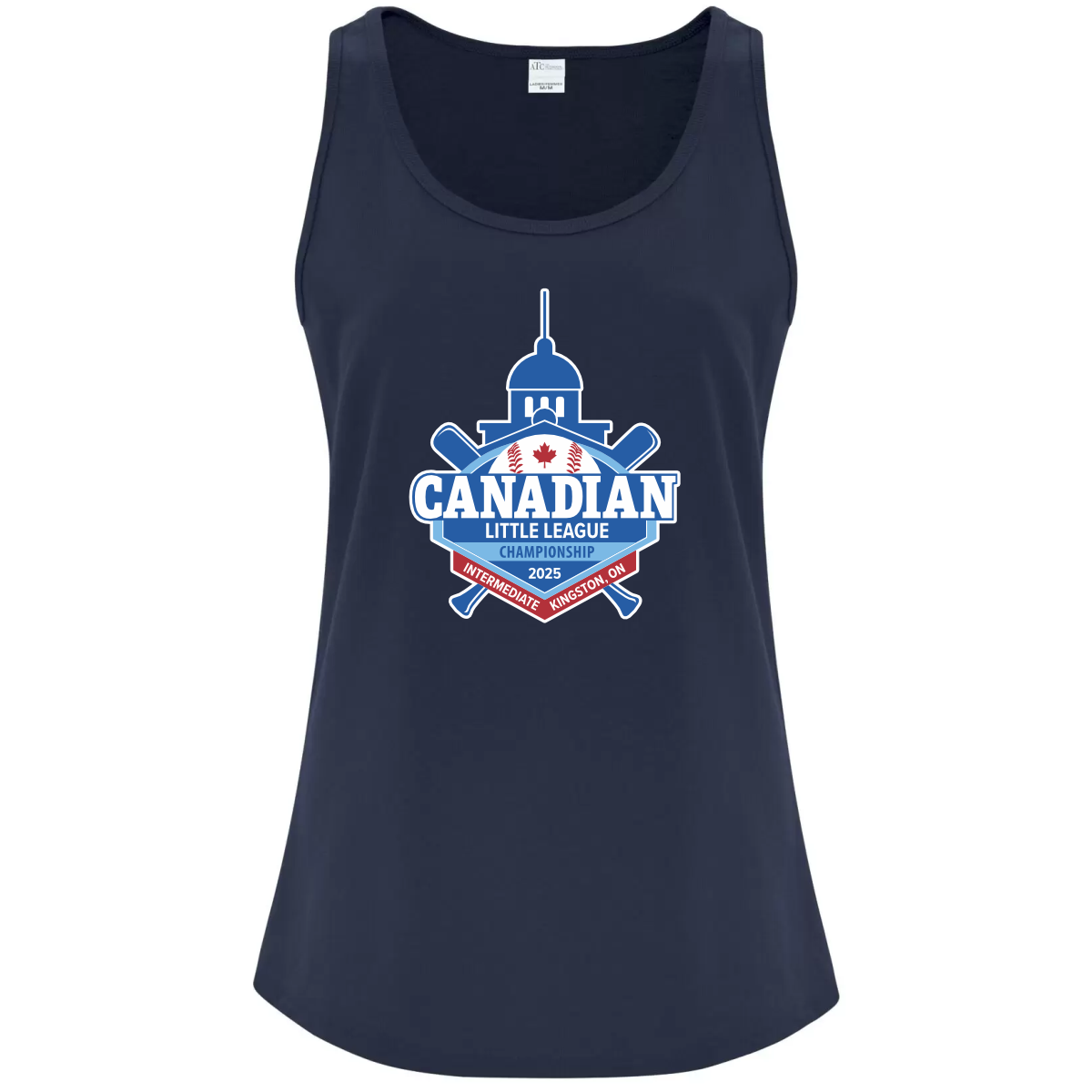 Navy tank top featuring the Canadian Little League Championship logo for 2025, highlighting Kingston, Ontario, with baseball bats and a maple leaf design.