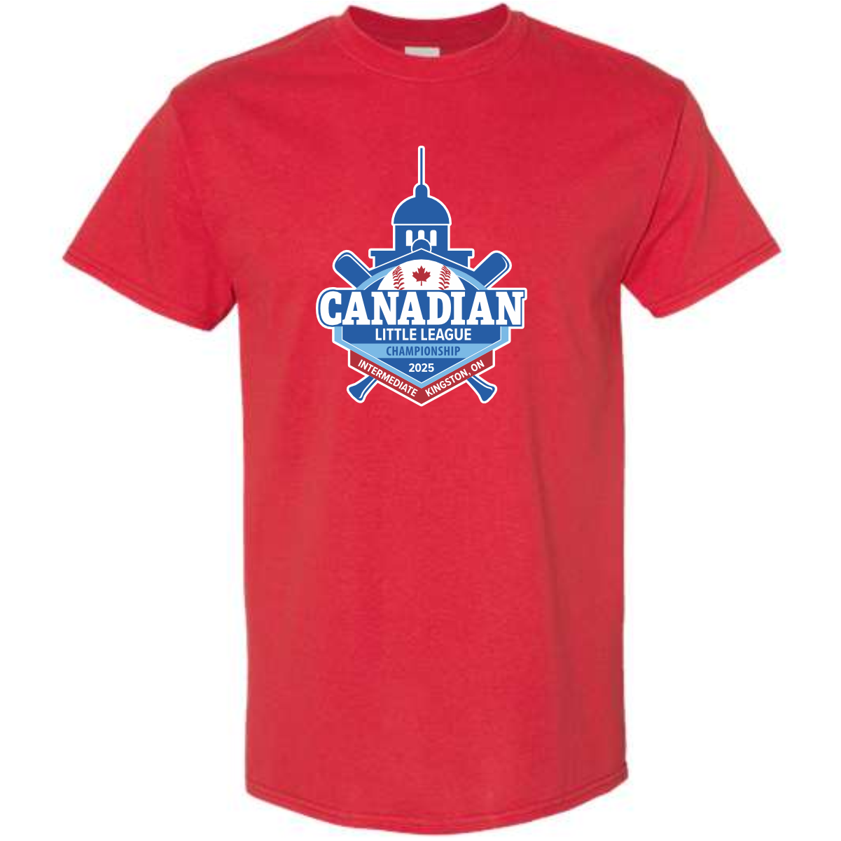 Red t-shirt featuring the Canadian Little League Championship logo for the 2025 Intermediate event in Kingston, Ontario, with baseball bats and a building silhouette in the design.