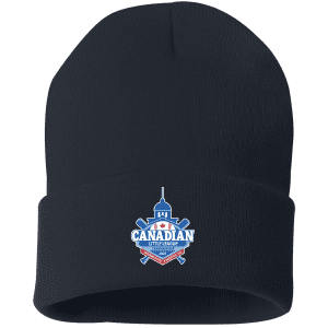 Navy blue beanie hat featuring the Canadian Little League Championship logo for 2025, showcasing a design with crossed baseball bats and a maple leaf, ideal for fans and participants in youth baseball events.