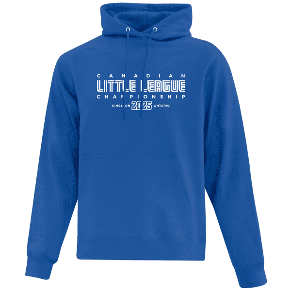 Blue hoodie featuring the text "Canadian Little League Championship Kings On 2025 Ontario," designed for fans and participants of the 2025 Little League event.