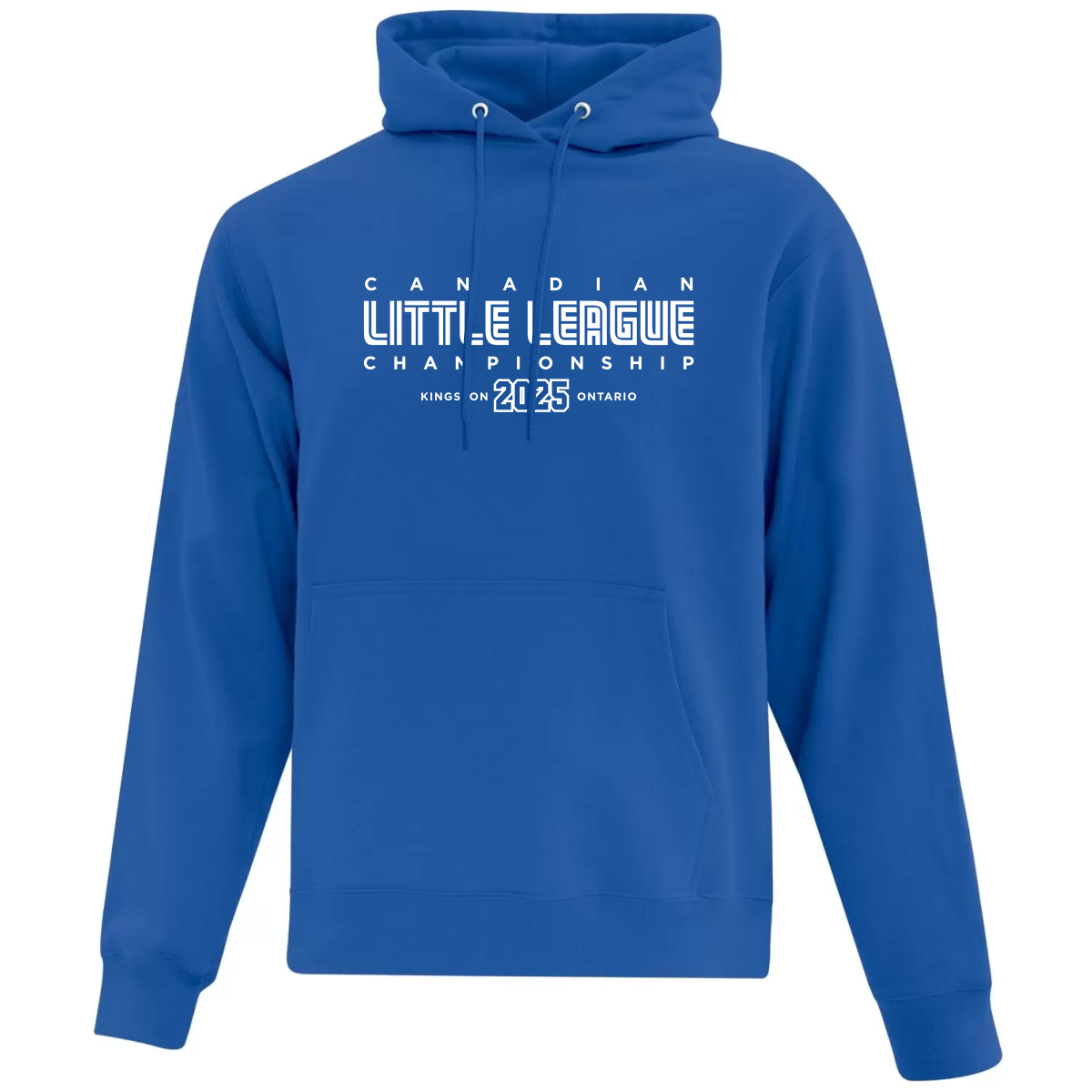 Blue hoodie featuring the text "Canadian Little League Championship Kings On 2025 Ontario," designed for fans and participants of the 2025 Little League event.