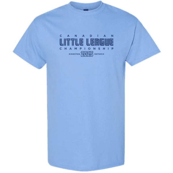 Light blue t-shirt featuring the text "Canadian Little League Championship Kingston 2025 Ontario," ideal for fans and participants of youth baseball events.