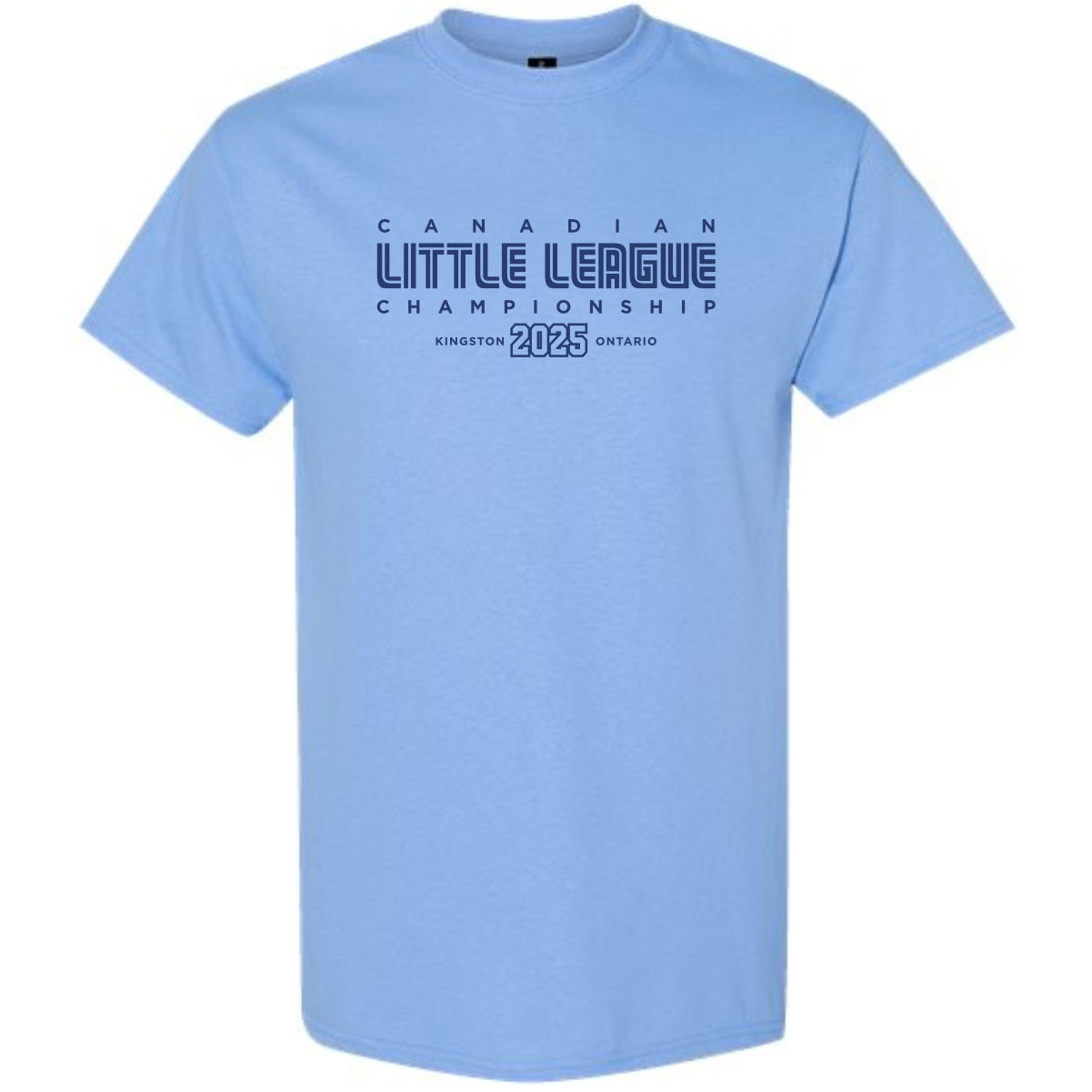little_league_championships_t_shirt_light_blue Light blue t-shirt featuring the text "Canadian Little League Championship Kingston 2025 Ontario," ideal for fans and participants of youth baseball events.