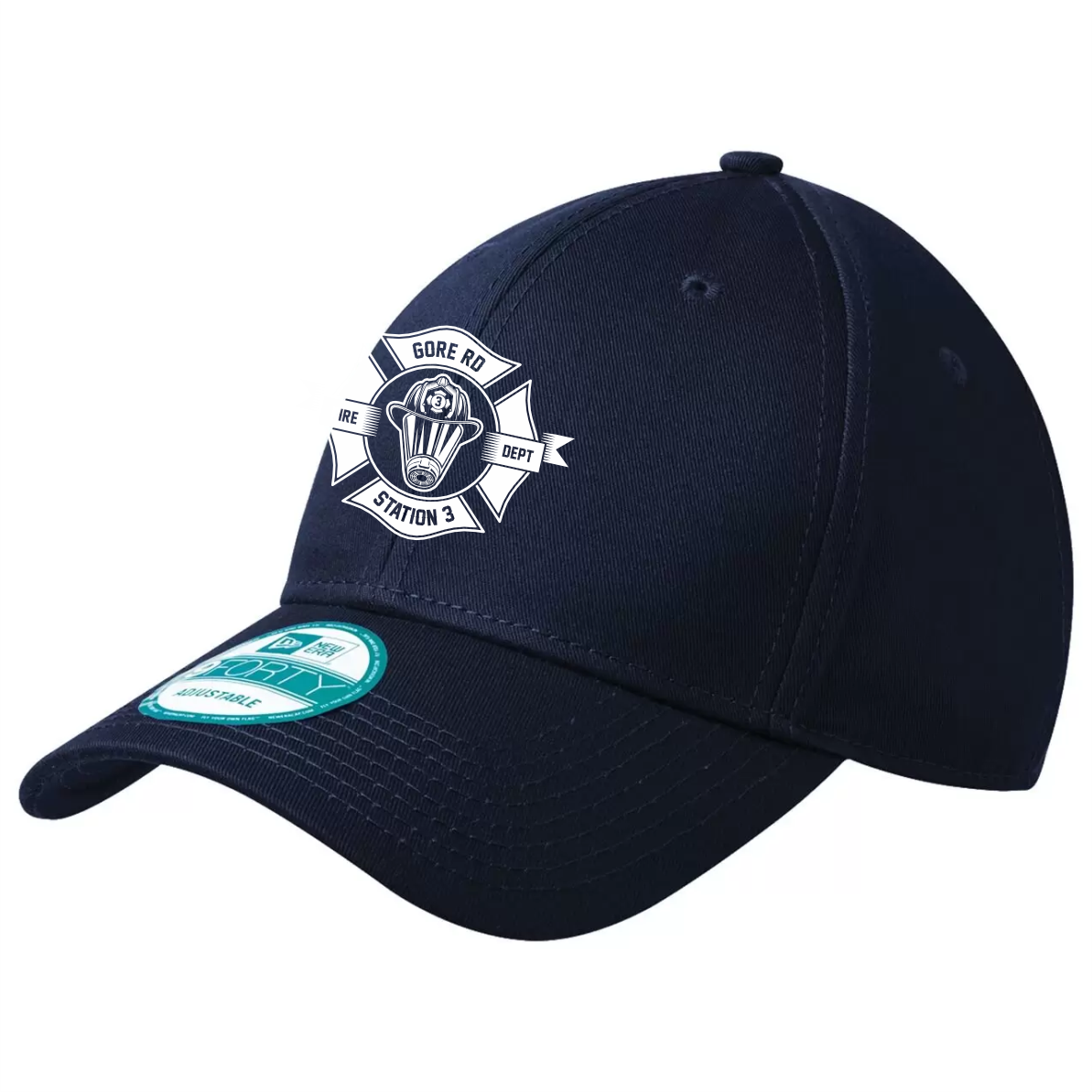 Navy blue baseball cap featuring a firefighter emblem with "Gore Rd Fire Dept Station 3" logo, perfect for fire department supporters and enthusiasts.
