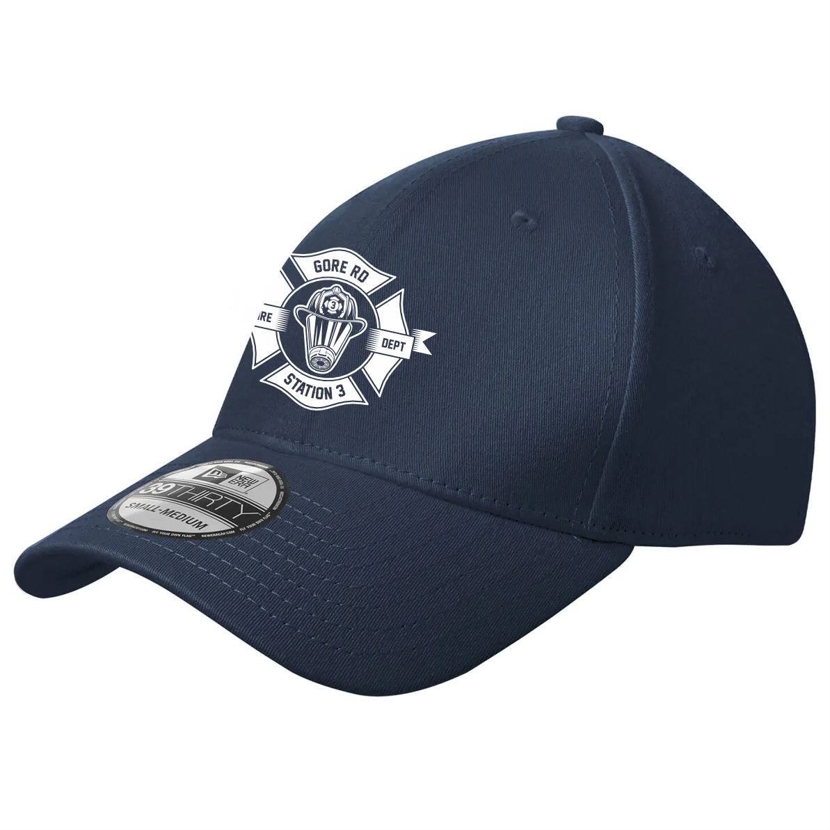 new_era_navy_fuu_back_cap_front Navy blue cap with a embroidered emblem featuring a fire department logo and the text "Gore Rd Station 3," ideal for fire department supporters or volunteers.