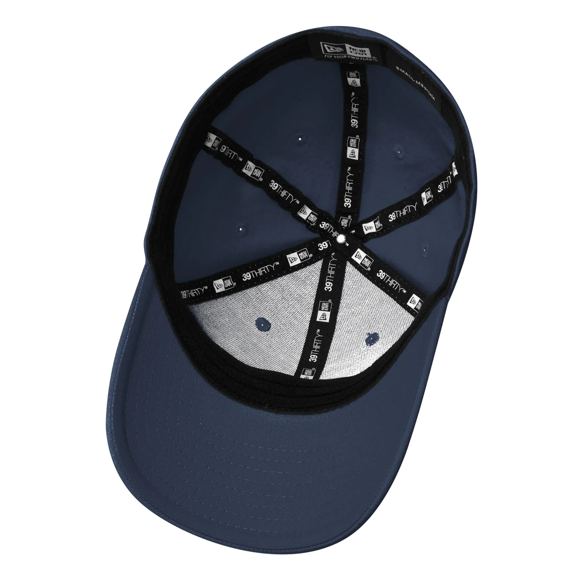 new_era_navy_fuu_back_cap_inside Top view of a navy blue New Era 39THIRTY baseball cap, featuring a structured design and an inner sweatband for comfort, showcasing the cap's interior with visible stitching and branding elements.