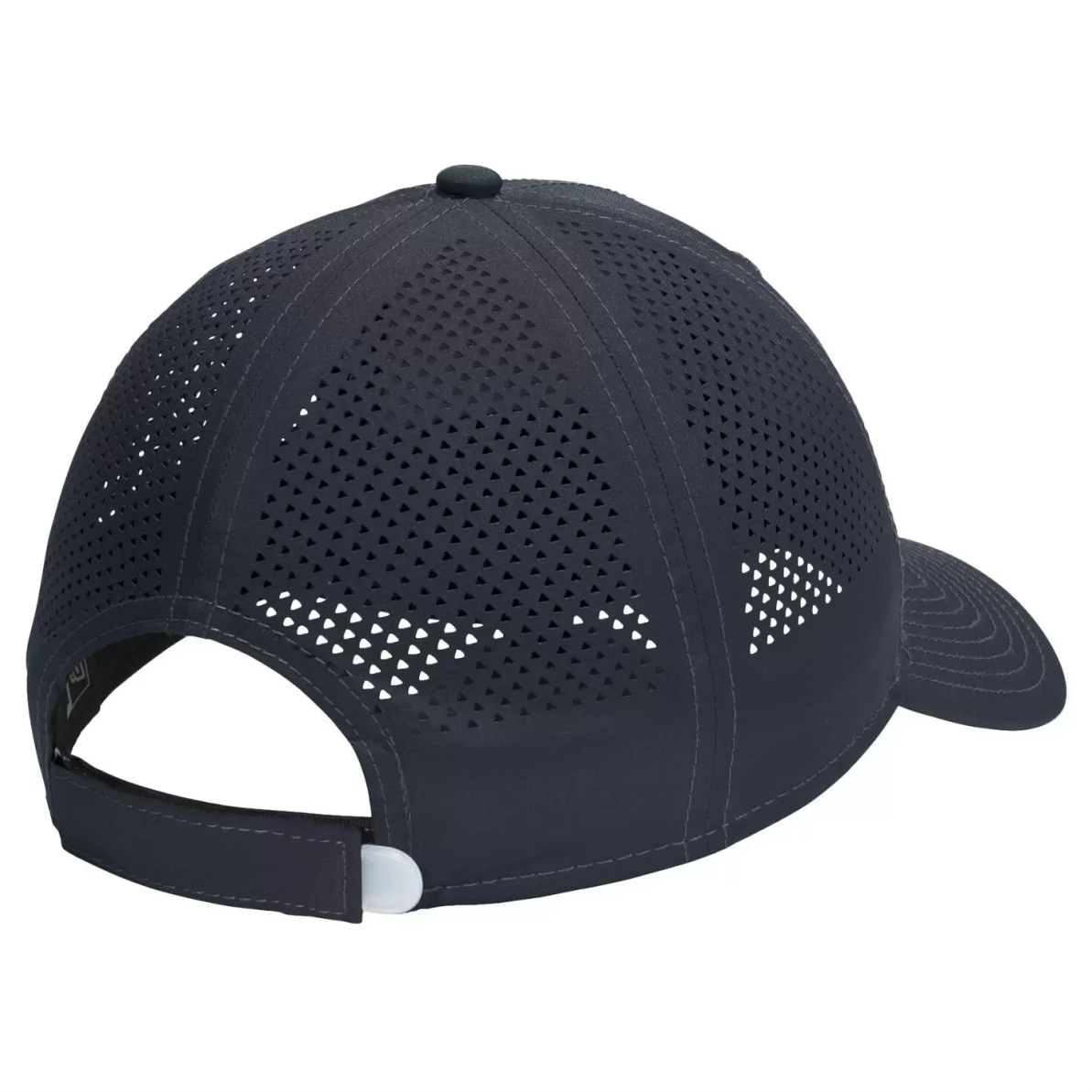 Black perforated baseball cap featuring a curved brim and adjustable back strap, designed for breathability and style. Ideal for outdoor activities and casual wear.