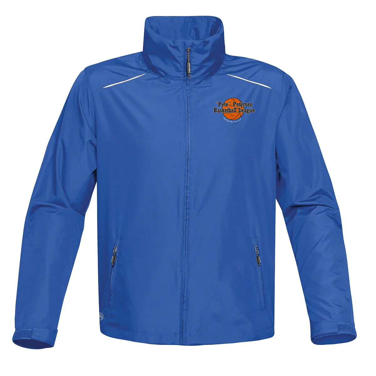 Blue athletic jacket featuring the "Pete Petersen Basketball League" logo. Designed for comfort and performance, this jacket is ideal for players and fans alike. Perfect for outdoor practices and events.