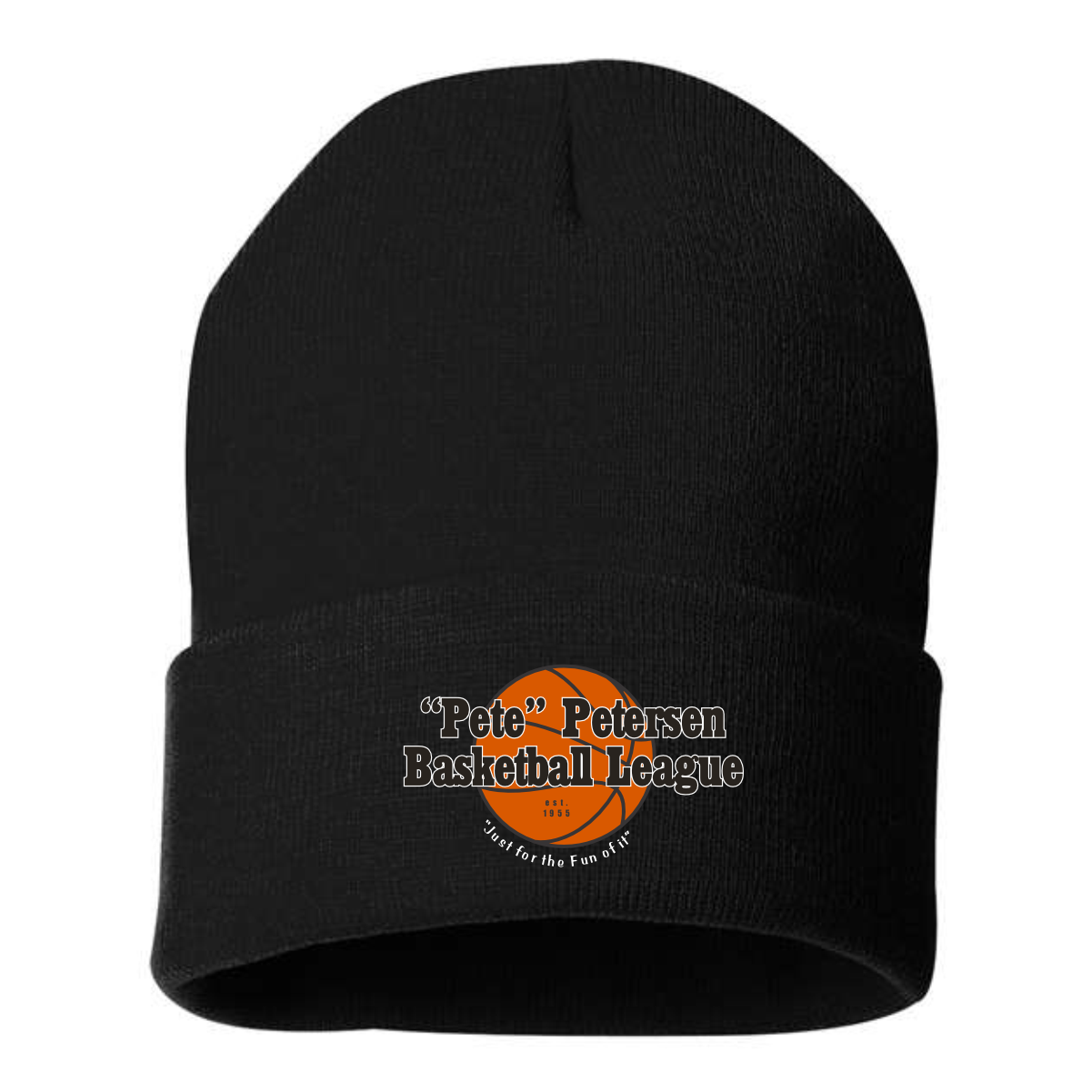 Black beanie hat featuring the "Pete" Petersen Basketball League logo, established in 1995, promoting a fun and engaging basketball community. Perfect for chilly weather and sports enthusiasts.
