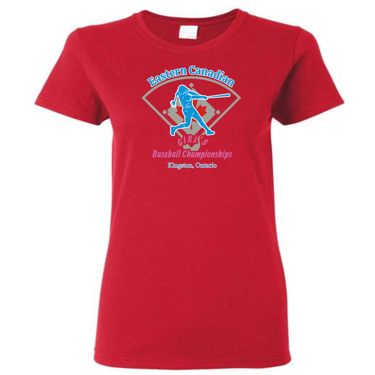 eastern_canadian_girls_baseball_championship_ladies_tshirt_red Red t-shirt featuring the logo for the Eastern Canadian Girls Baseball Championships held in Kingston, Ontario, showcasing a baseball player graphic and event details.