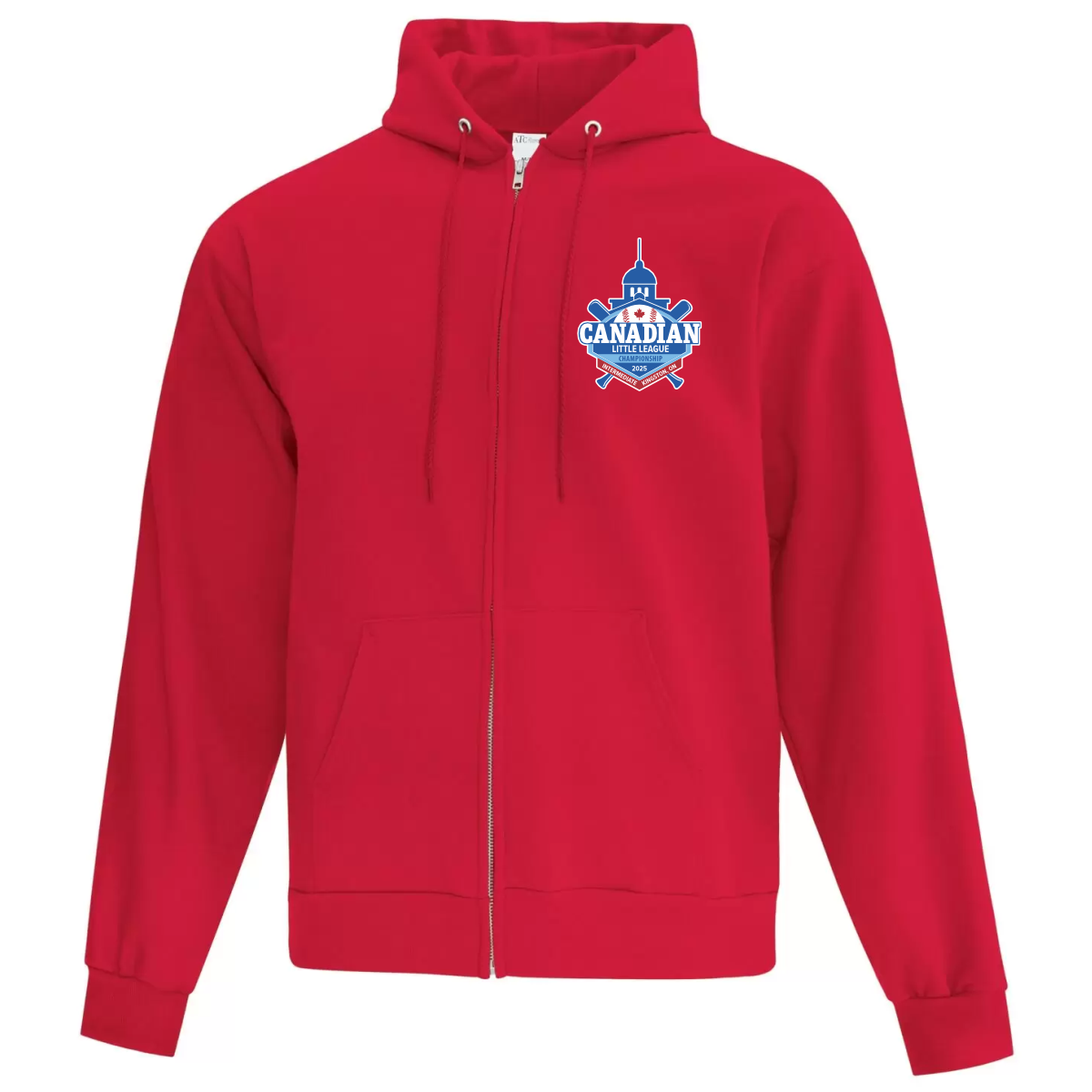 Red zip-up hoodie featuring the Canadian Little League logo, perfect for showing team spirit and keeping warm during games and practices. Ideal for supporters and players alike.