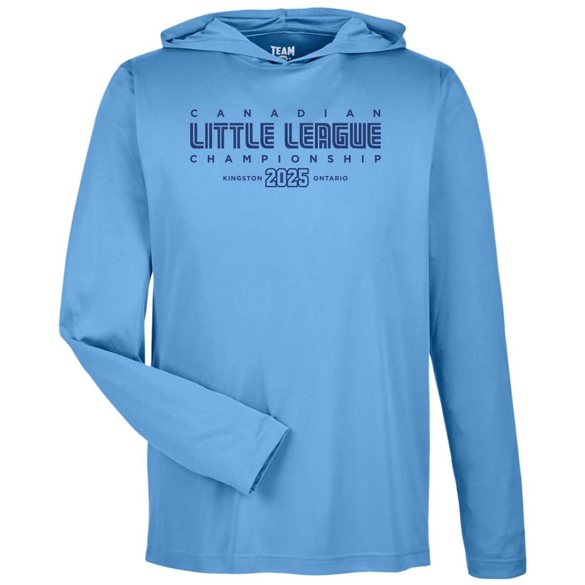 Light blue long-sleeve hoodie featuring "Canadian Little League Championship Kingston 2025 Ontario" graphic design, ideal for sports enthusiasts and team events.
