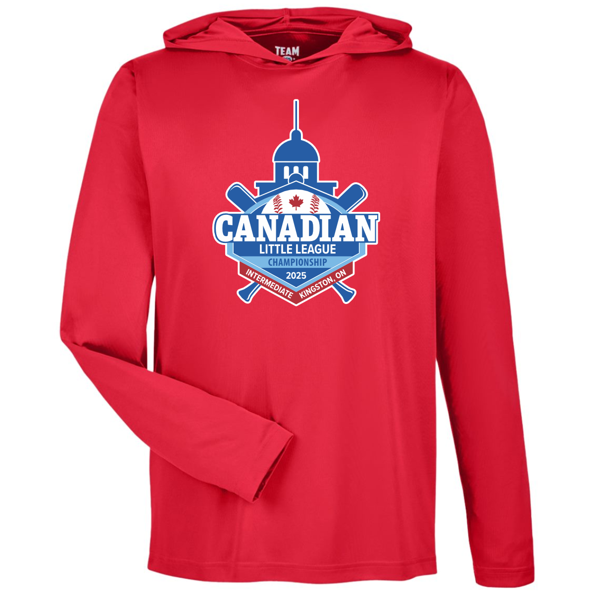 Red long-sleeve hoodie featuring the Canadian Little League Championship 2025 logo, representing the Intermediate division in Kingston, Ontario.