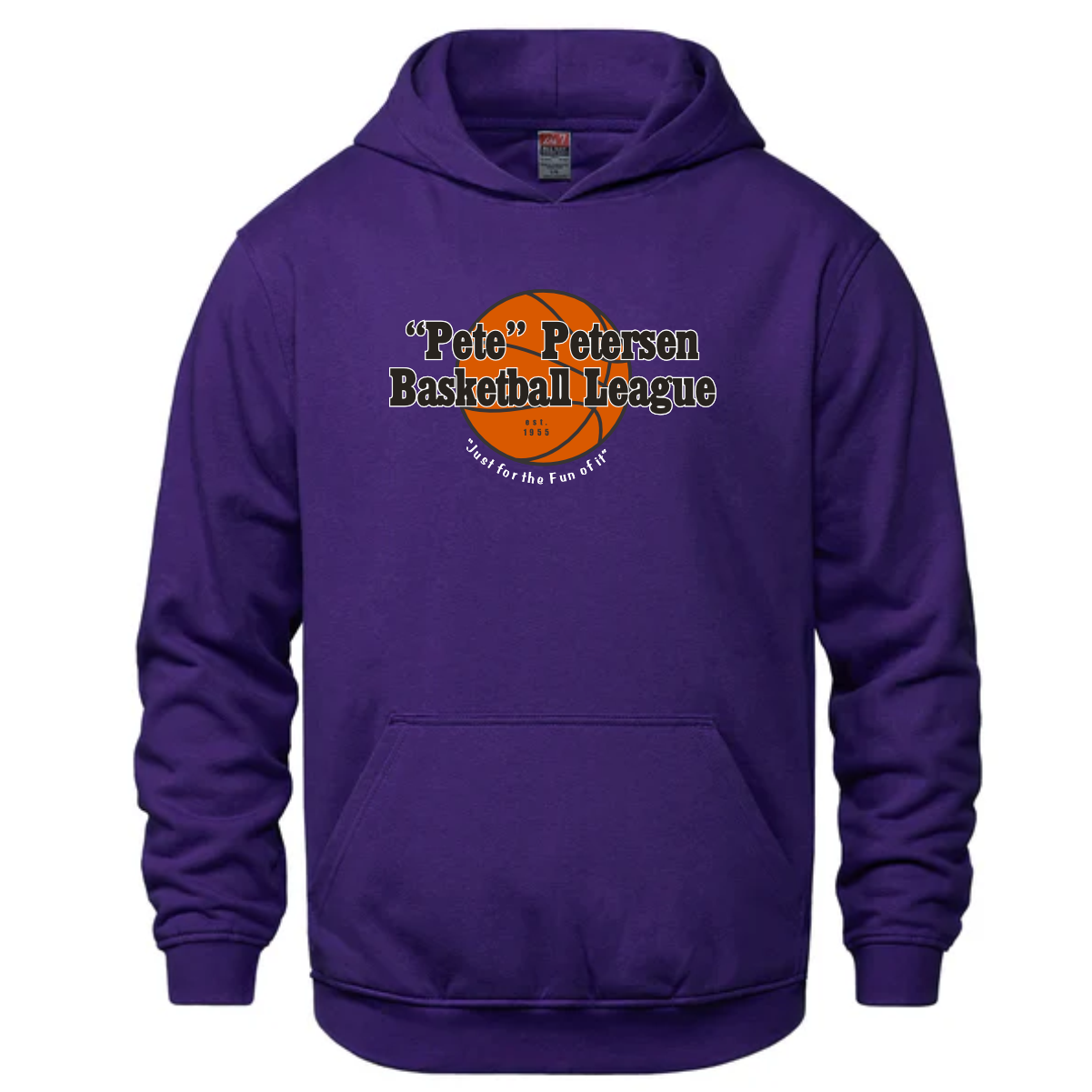 Purple hoodie featuring the "Pete" Petersen Basketball League logo and tagline, ideal for sports fans and team supporters. Perfect casual wear for basketball enthusiasts.
