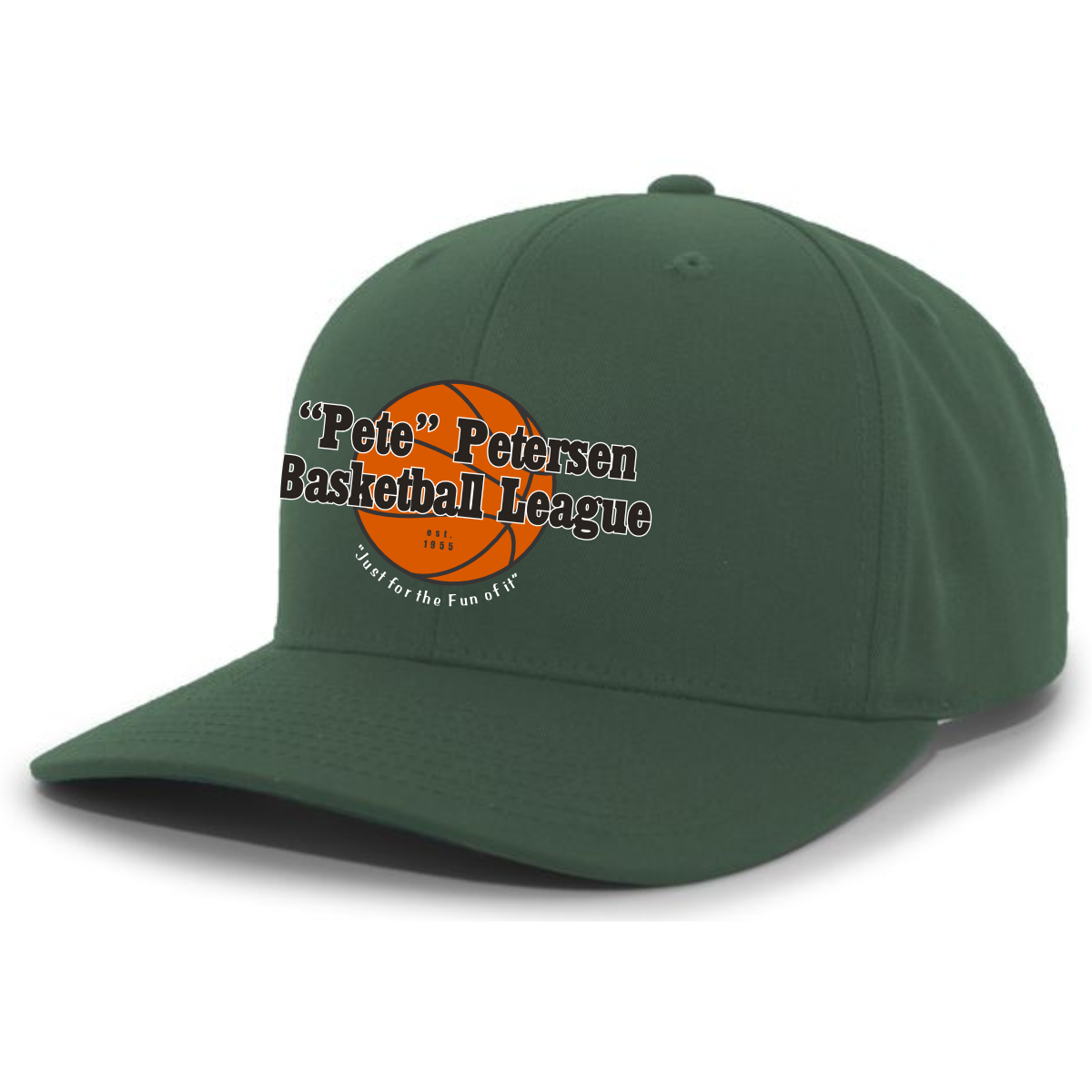 Green baseball cap featuring the "Pete" Petersen Basketball League logo and slogan, emphasizing community and fun in sports. Ideal for basketball fans and league participants.