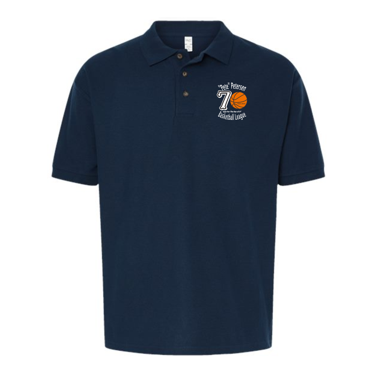 Navy blue polo shirt featuring the "Pete" Petersen Basketball League logo with a basketball graphic, ideal for sports teams and casual wear.