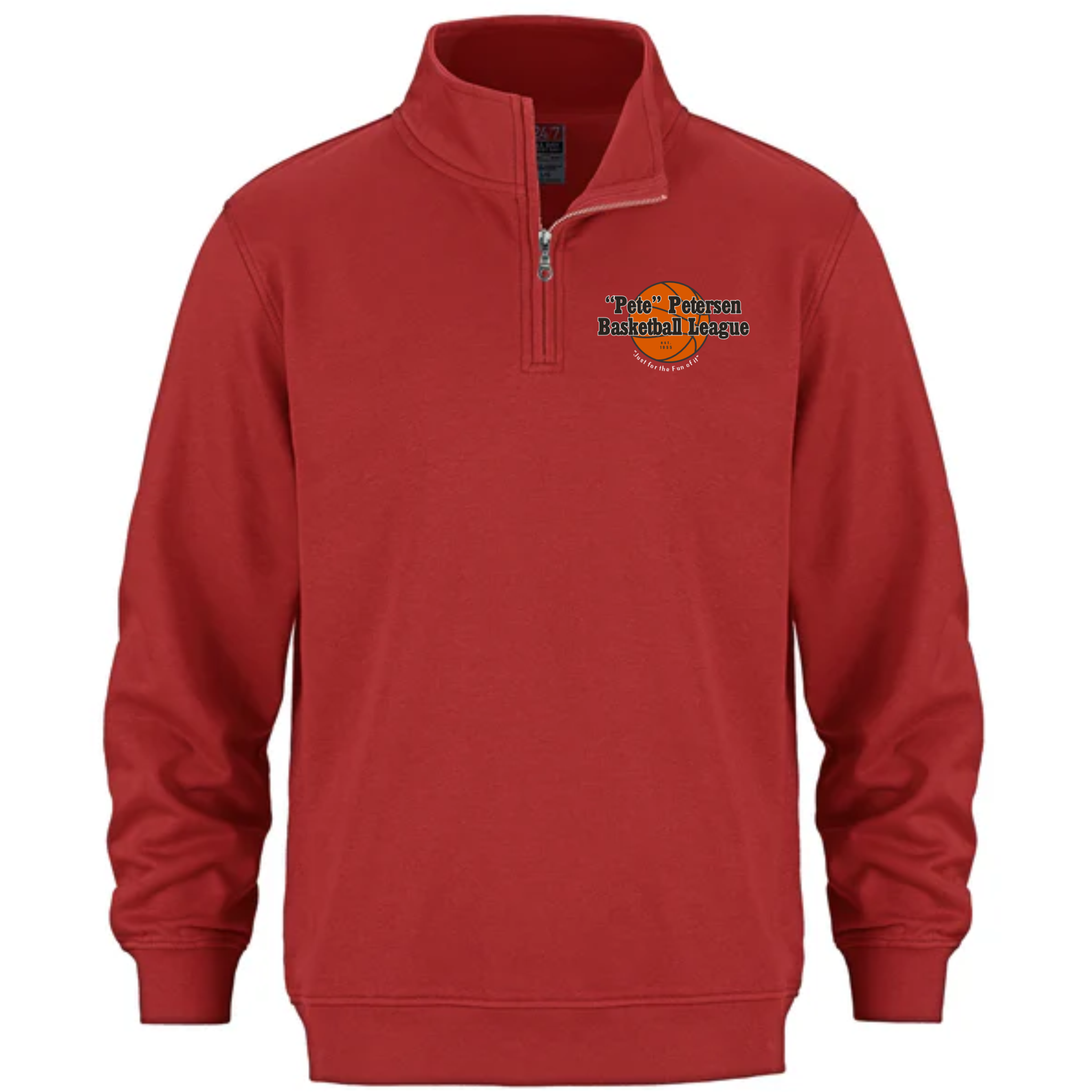 Red quarter-zip sweatshirt featuring the "Pete" Petersen Basketball League logo, ideal for sports enthusiasts and team apparel.