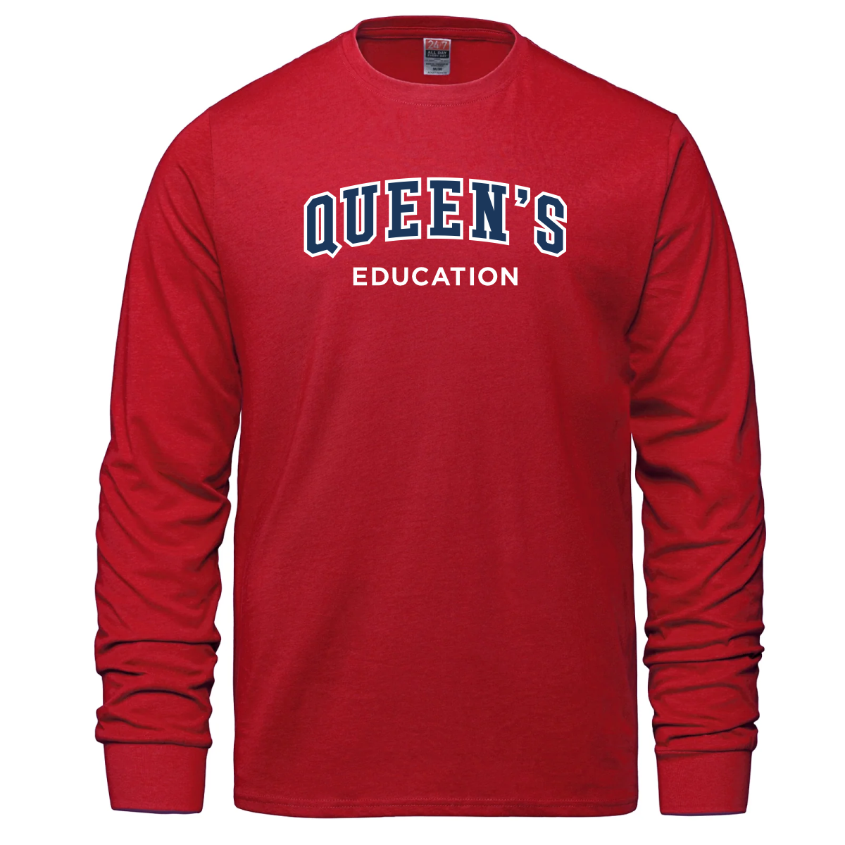 Red long-sleeve t-shirt featuring "Queen's Education" printed in bold letters, suitable for students and alumni of Queen's University.