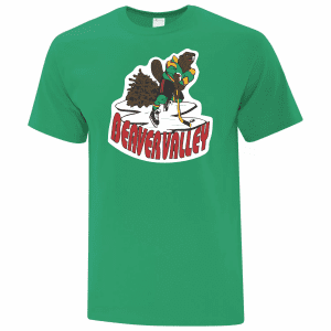 Green t-shirt featuring a playful cartoon beaver playing hockey, with the text "BEAVERVALLEY" prominently displayed below the graphic, ideal for sports fans and casual wear.